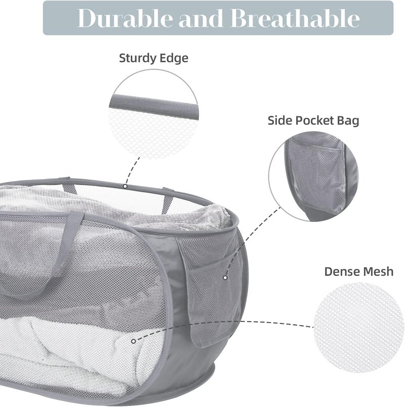 Bemkoo Durable Collapsible Laundry Baskets, Mesh Pop Up Laundry Hamper with Side Pocket, Foldable Clothes Storage Hamper with Reinforced Carry Handles for Laundry, Bathroom, Kids Room, Dorm or Travel Grey - Image 4